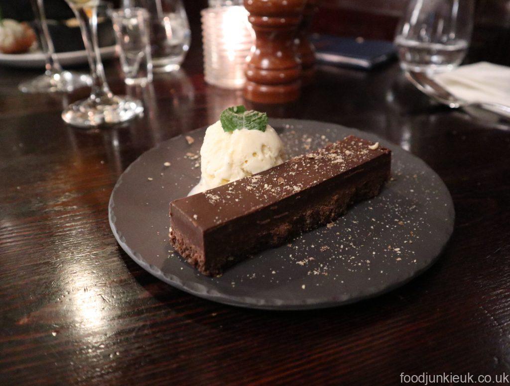 Chocolate truffle torte at classic British Brown restaurant