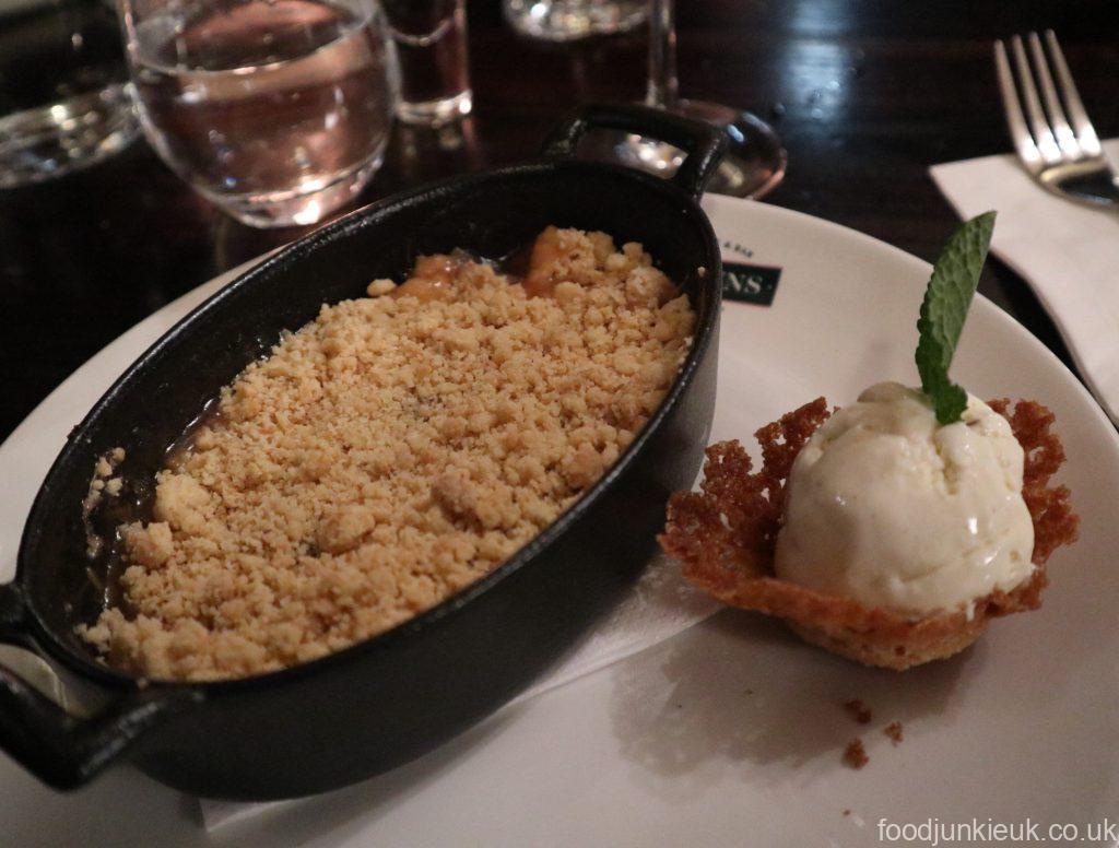 Apple & rhubarb crumble at classic British Brown restaurant