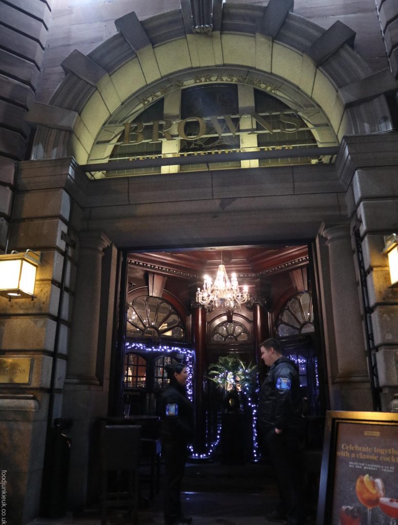 The entrance of classic British Brown restaurant