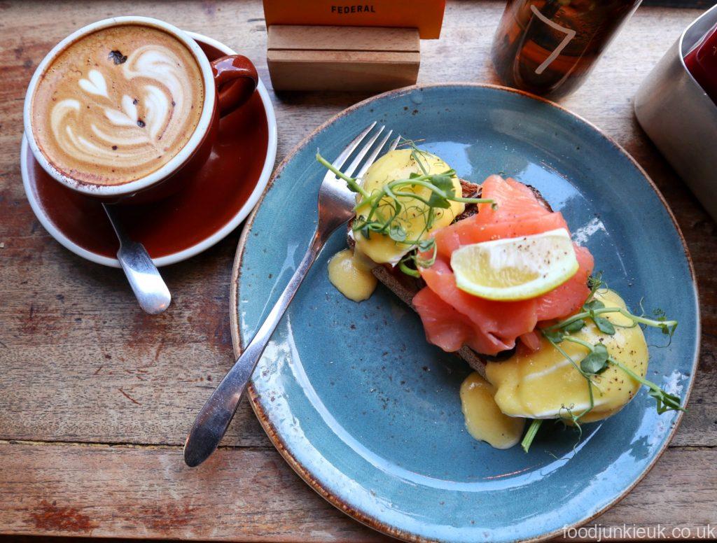 Federal Cafe Bar smoked salmon eggs Benedict with shrooms and cappuccino 